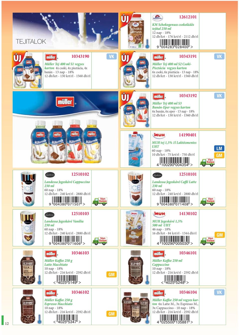 6x eper - 12 db/krt - 130 krt/rl - 1560 db/rl 14190401 MUH tej 1,5% 1l Laktózmentes UHT 60 nap - 18% 10 db/krt - 75 krt/rl - 750 db/rl 12510102 Landessa Jegeskávé Cappuccino 230 ml 60 nap - 18% 12