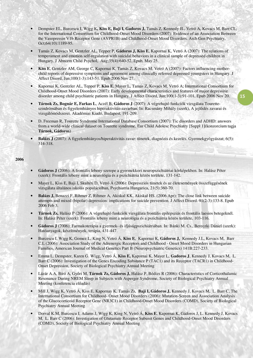 Tamás Z, Kovacs M, Gentzler AL, Tepper P, Gádoros J, Kiss E, Kapornai K, Vetró A (2007): The relations of temperament and emotion self-regulation with suicidal behaviors in a clinical sample of