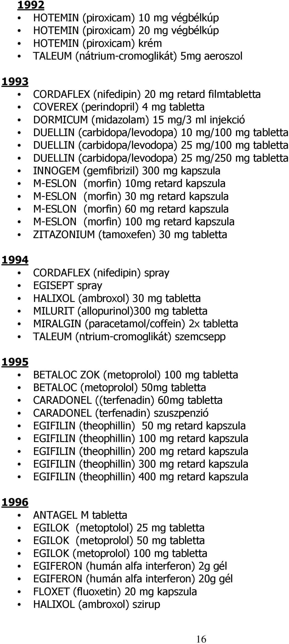 (carbidopa/levodopa) 25 mg/250 mg tabletta INNOGEM (gemfibrizil) 300 mg kapszula M-ESLON (morfin) 10mg retard kapszula M-ESLON (morfin) 30 mg retard kapszula M-ESLON (morfin) 60 mg retard kapszula