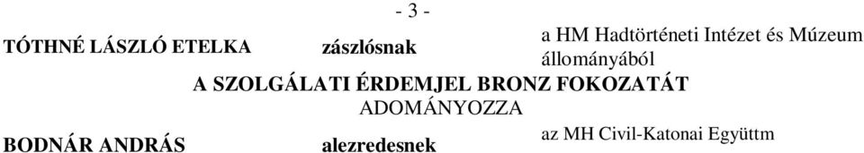 SAMU TÍMEA JULIANNA a HM Jogi Főosztály BAJI ÉVA ESZTER BÍRÓ ANDRÁS ATTILA DAJKA ATTILA LÁSZLÓ az MH Logisztikai Központ az MH Pápa Bázisrepülőtér DIKÁCZ CSABA a HM Védelmi Hivatal IVÁNYI ATTILA