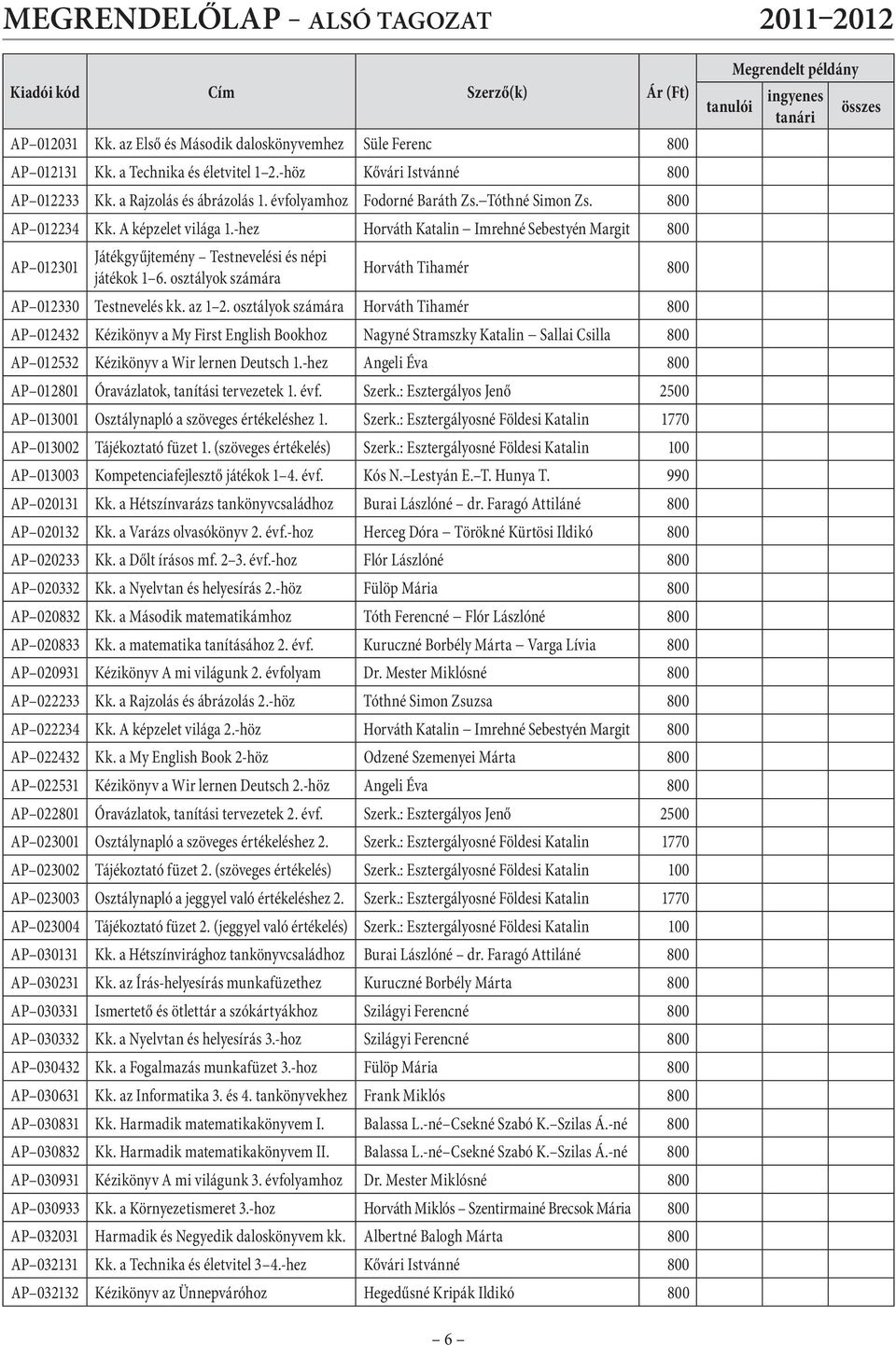 osztályok számára Horváth Tihamér 800 AP 012330 Testnevelés kk. az 1 2.