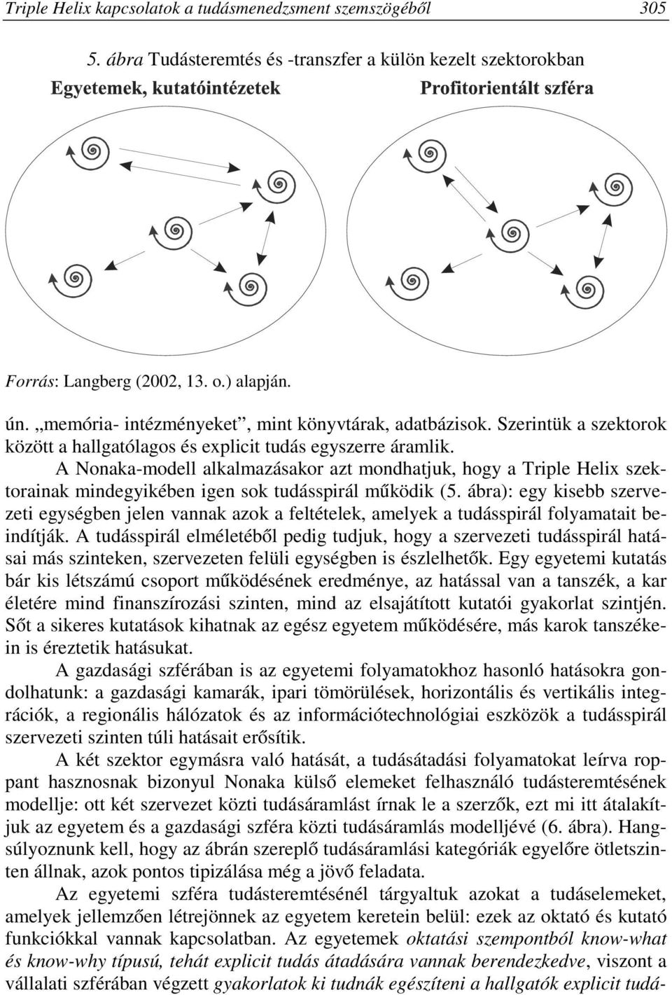A Nonaka-modell alkalmazásakor azt mondhatjuk, hogy a Triple Helix szektorainak mindegyikében igen sok tudásspirál működik (5.