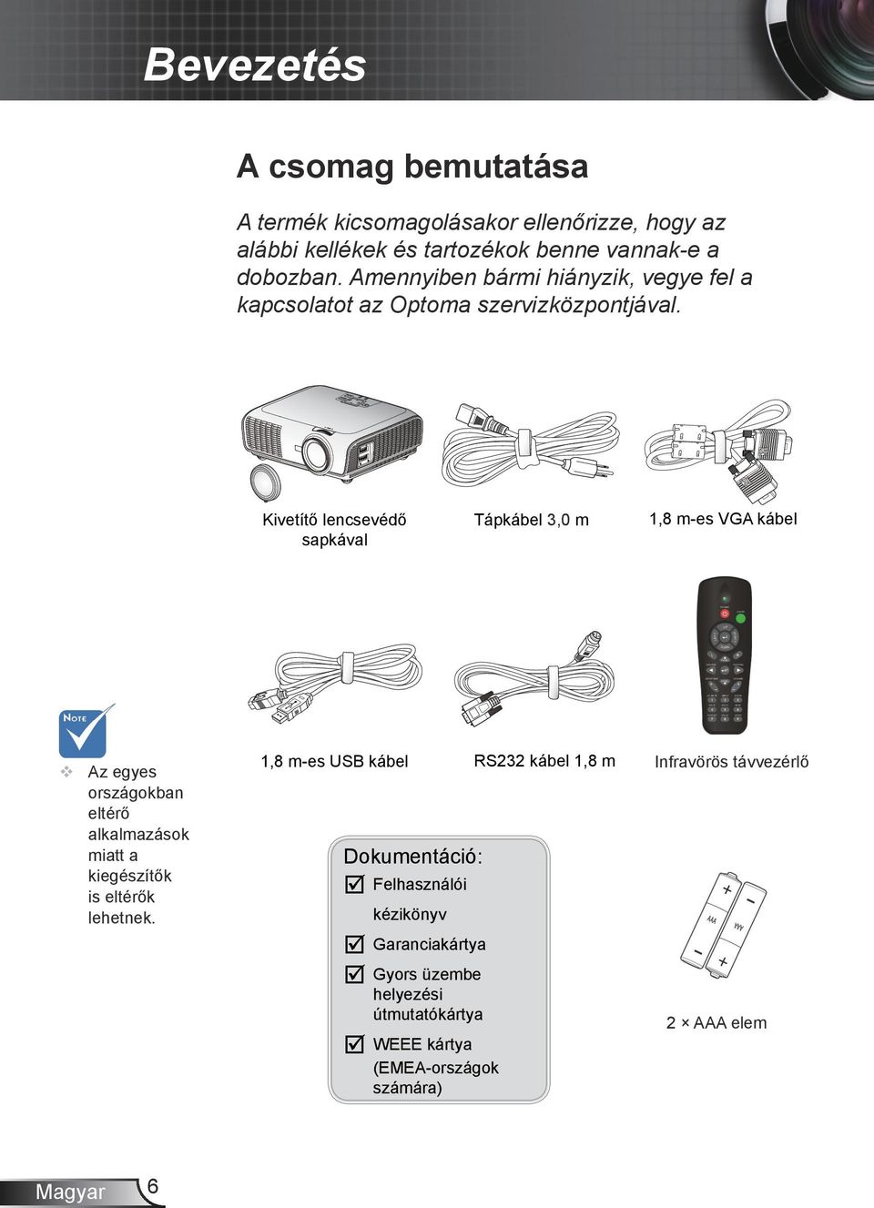 Amennyiben bármi hiányzik, vegye fel a kapcsolatot az Optoma szervizközpontjával. Kivetítő lencsevédő sapkával Tápkábel 3,0 m 1,8 m-es VGA kábel LEFT RIGHT?