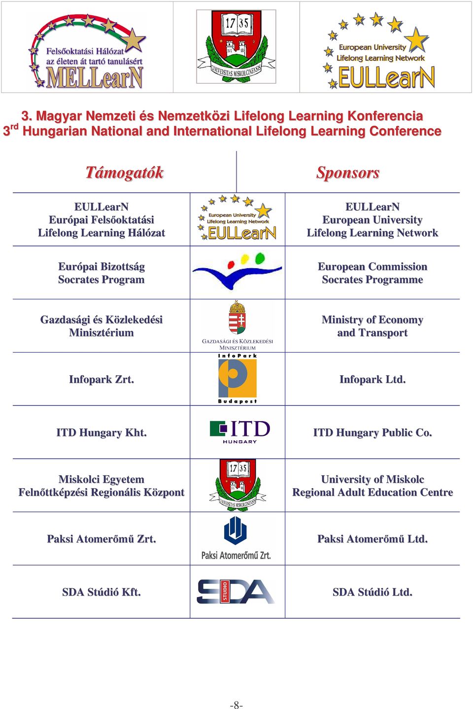 Socrates Programme Gazdasági és Közlekedési Minisztérium Ministry of Economy and Transport Infopark Zrt. Infopark Ltd. ITD Hungary Kht. ITD Hungary Public Co.