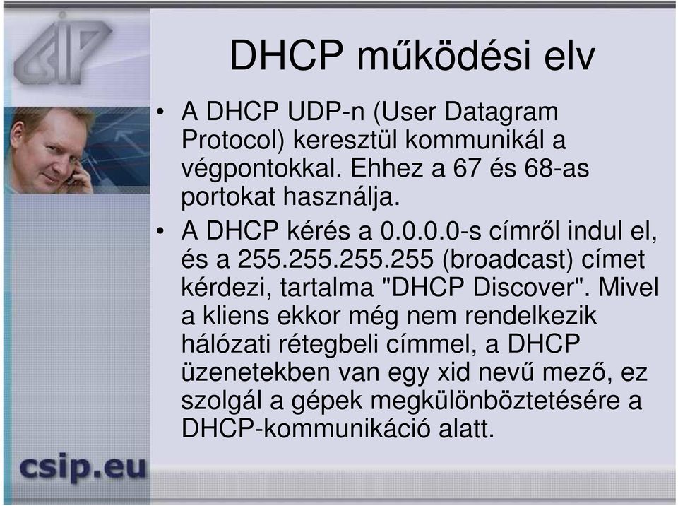 255.255.255 (broadcast) címet kérdezi, tartalma "DHCP Discover".