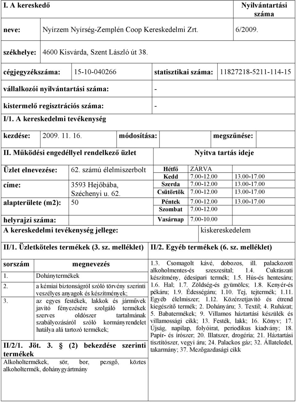 számú élelmiszerbolt Hétfő ZÁRVA Kedd 7.00-12.00 13.00-17.00 3593 Hejőbába, Szerda 7.00-12.00 13.00-17.00 Széchenyi u. 62. Csütörtök 7.00-12.00 13.00-17.00 alapterülete (m2): 50 Péntek 7.00-12.00 13.00-17.00 Szombat 7.