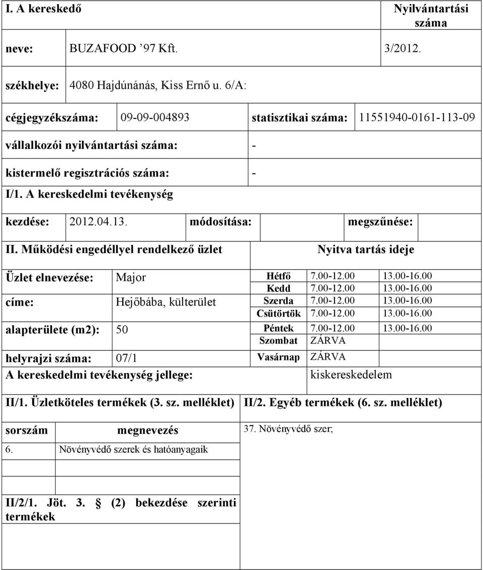 09 vállalkozói nyilvántartási : - kezdése: 2012.04.13.