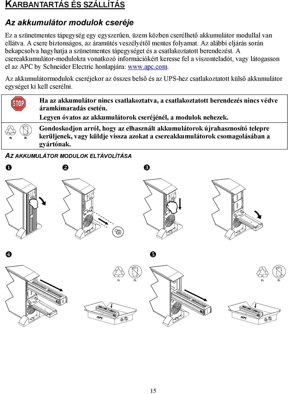 A csereakkumulátor-modulokra vonatkozó információkért keresse fel a viszonteladót, vagy látogasson el az APC by Schneider Electric honlapjára: www.apc.com.