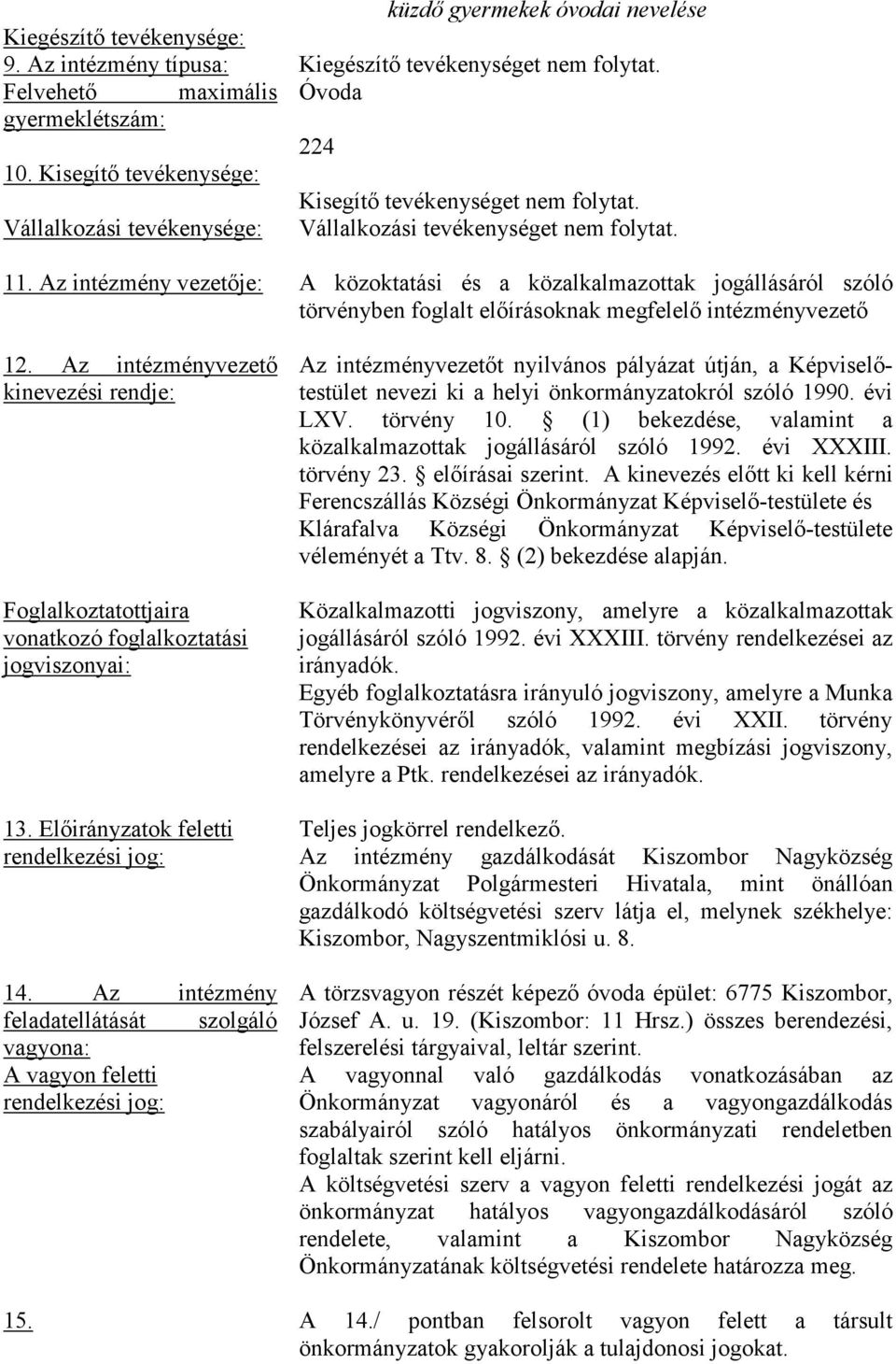 Vállalkozási tevékenységet nem folytat. 11. Az intézmény vezetıje: A közoktatási és a közalkalmazottak jogállásáról szóló törvényben foglalt elıírásoknak megfelelı intézményvezetı 12.