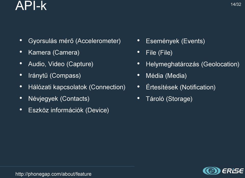 információk (Device) Események (Events) File (File) Helymeghatározás (Geolocation)