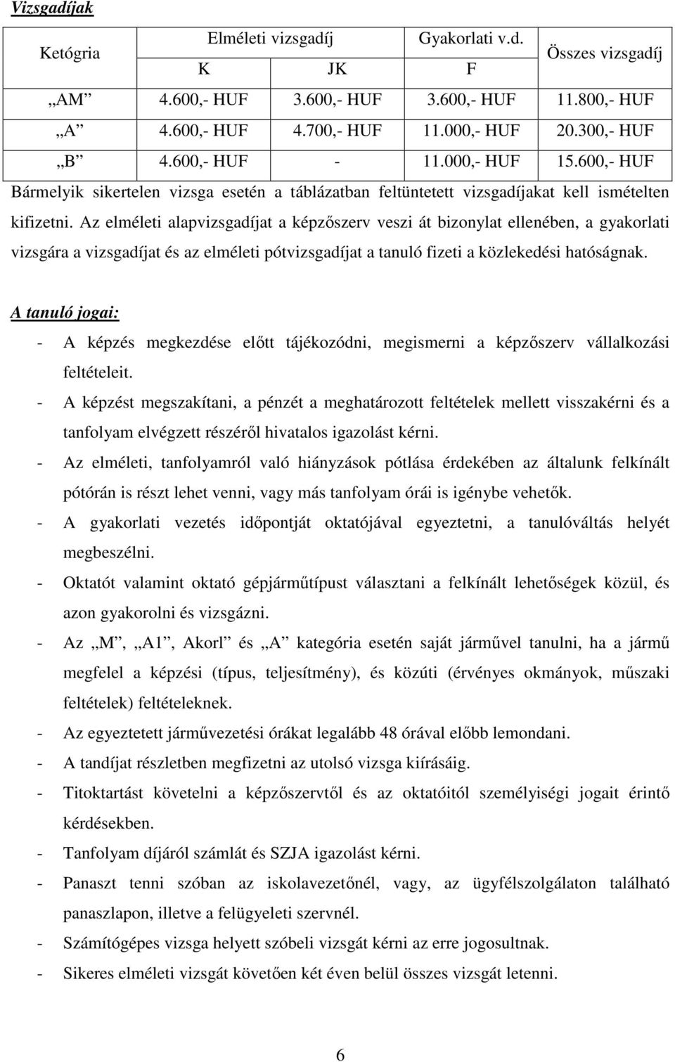 Az elméleti alapvizsgadíjat a képzőszerv veszi át bizonylat ellenében, a gyakorlati vizsgára a vizsgadíjat és az elméleti pótvizsgadíjat a tanuló fizeti a közlekedési hatóságnak.