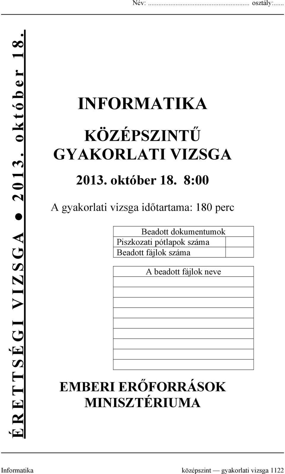 8:00 A gyakorlati vizsga időtartama: 180 perc Beadott dokumentumok Piszkozati