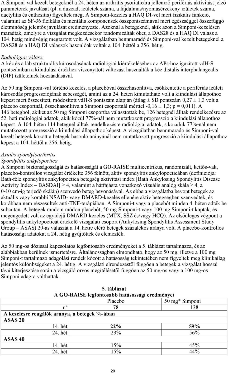 A Simponi-kezelés a HAQ DI-vel mért fizikális funkció, valamint az SF-36 fizikális és mentális komponensek összpontszámával mért egészséggel összefüggő életminőség jelentős javulását eredményezte.