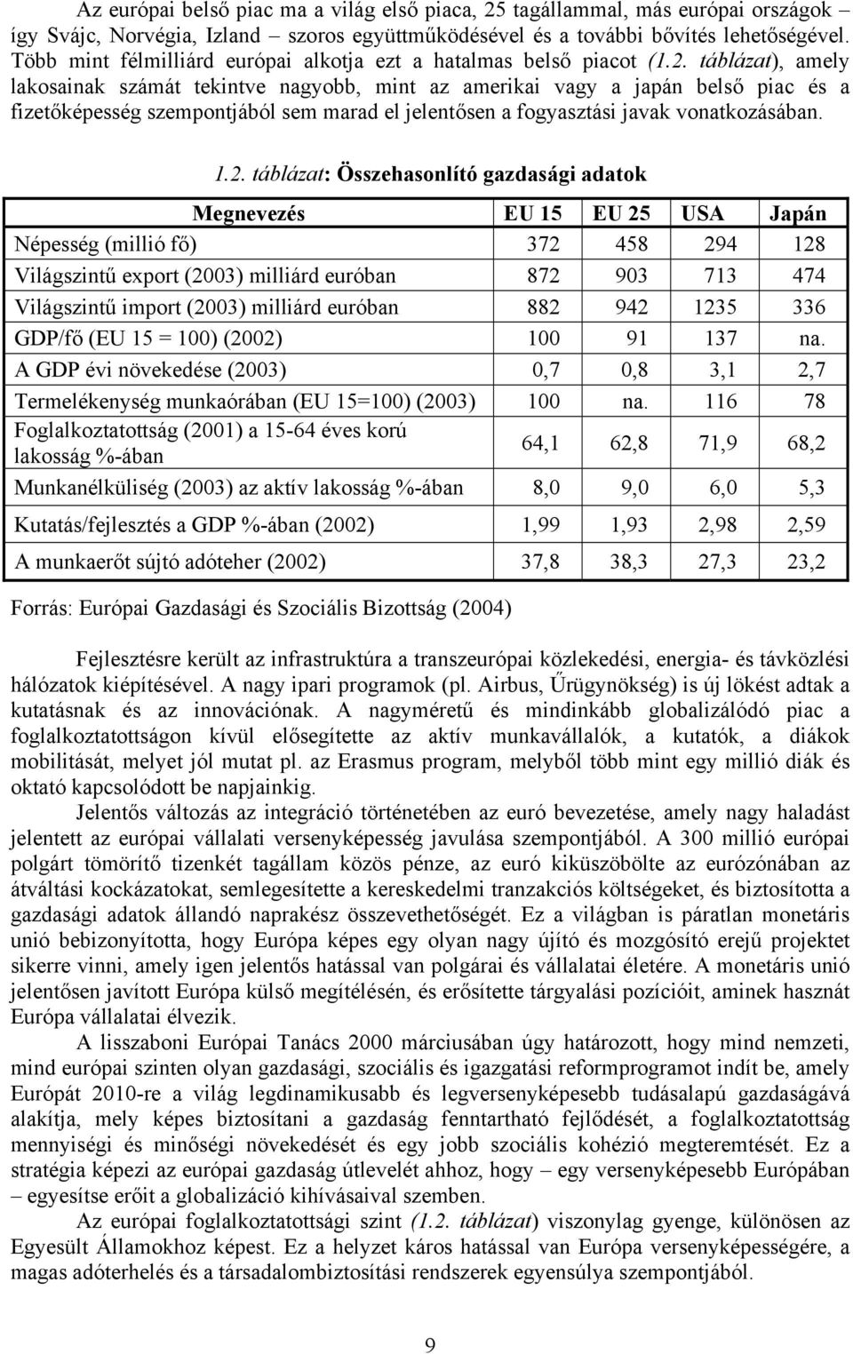 táblázat), amely lakosainak számát tekintve nagyobb, mint az amerikai vagy a japán belső piac és a fizetőképesség szempontjából sem marad el jelentősen a fogyasztási javak vonatkozásában. 1.2.