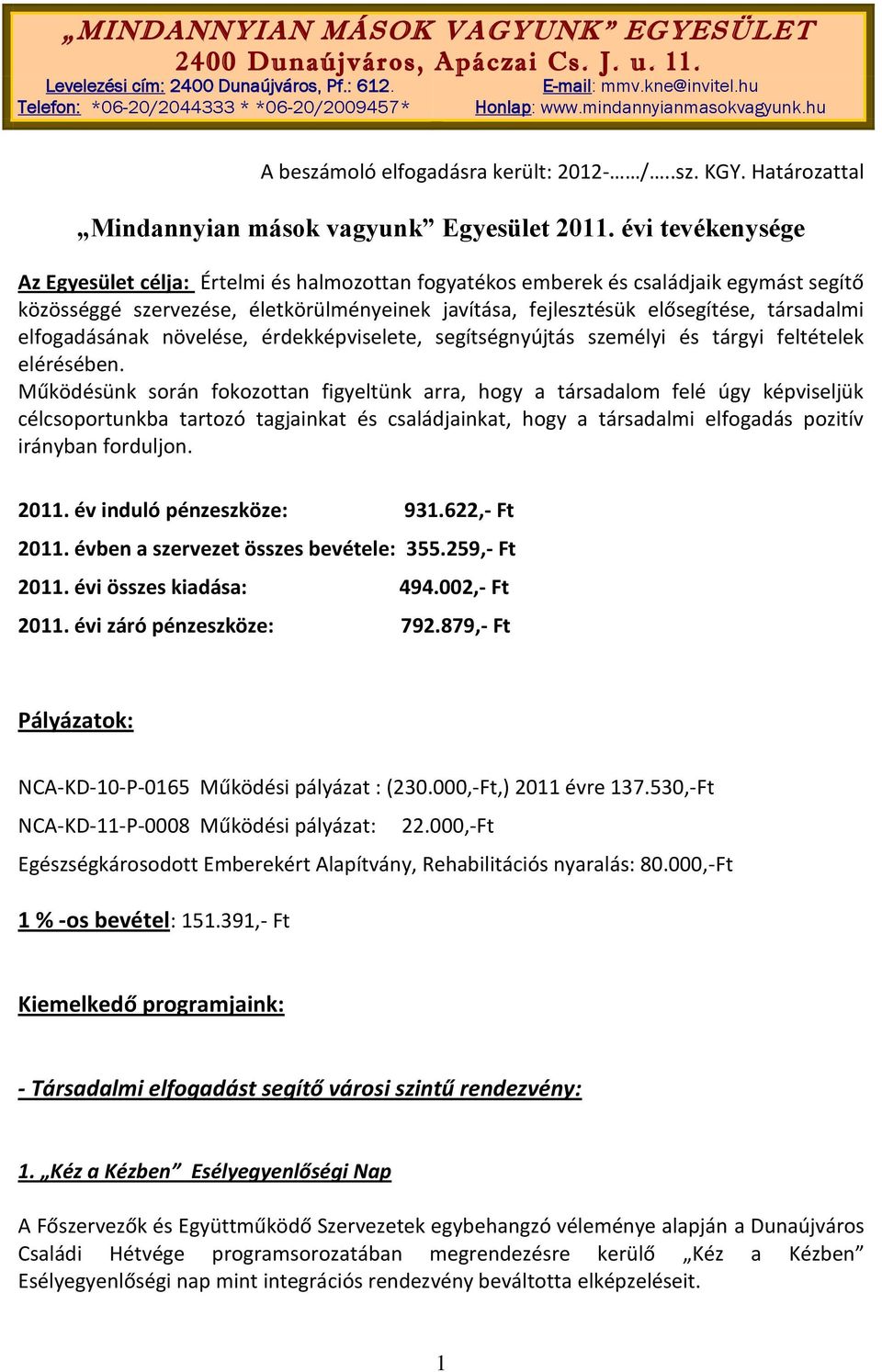 évi tevékenysége Az Egyesület célja: Értelmi és halmozottan fogyatékos emberek és családjaik egymást segítő közösséggé szervezése, életkörülményeinek javítása, fejlesztésük elősegítése, társadalmi