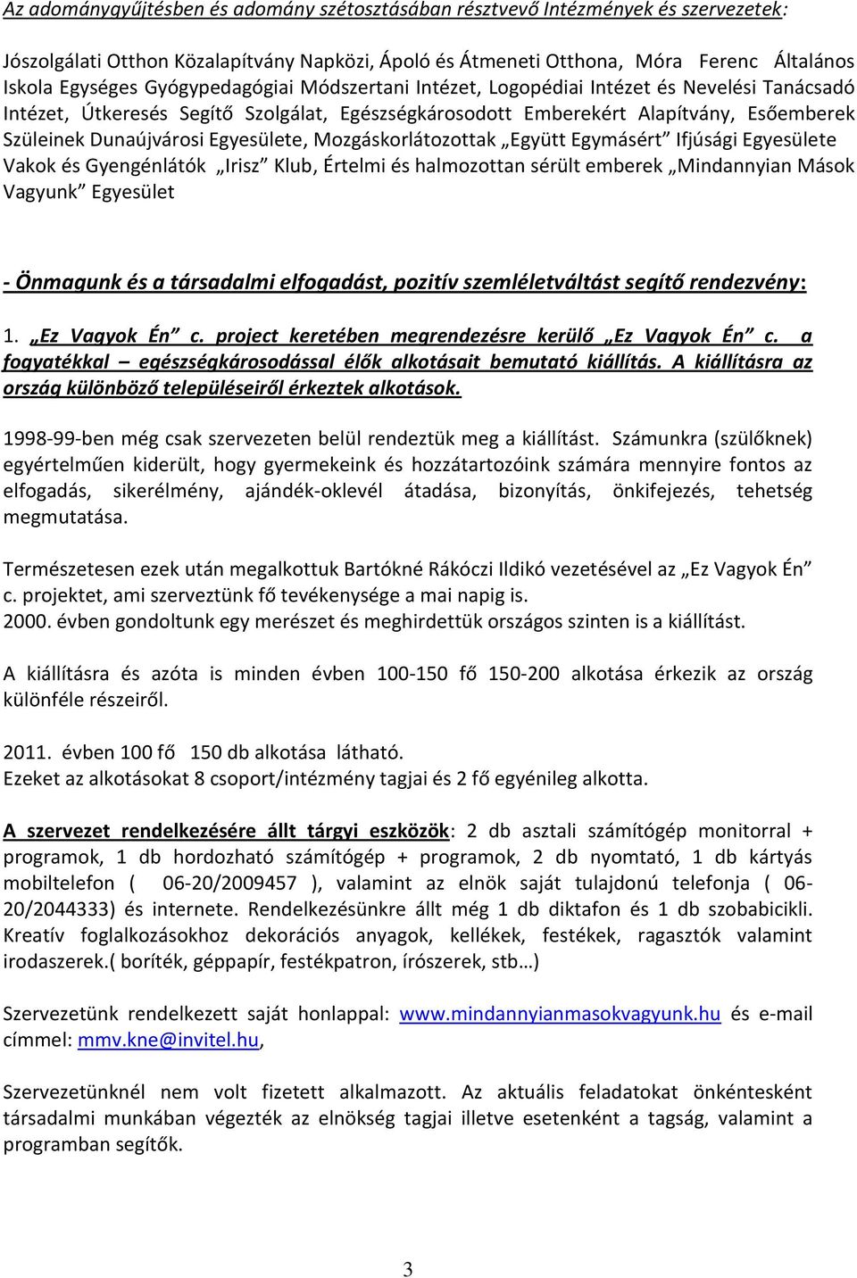 Egyesülete, Mozgáskorlátozottak Együtt Egymásért Ifjúsági Egyesülete Vakok és Gyengénlátók Irisz Klub, Értelmi és halmozottan sérült emberek Mindannyian Mások Vagyunk Egyesület - Önmagunk és a