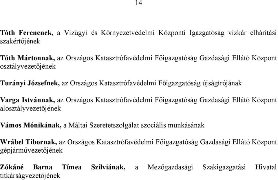 Katasztrófavédelmi Főigazgatóság Gazdasági Ellátó Központ al Vámos Mónikának, a Máltai Szeretetszolgálat szociális munkásának Wrábel Tibornak, az Országos