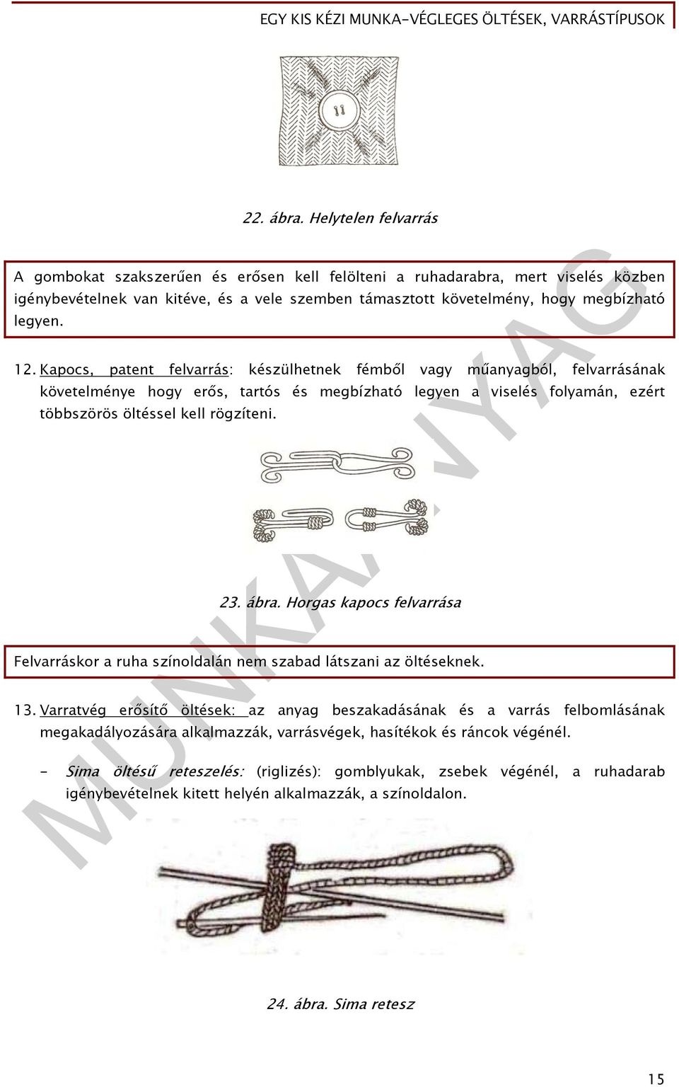 Kapocs, patent felvarrás: készülhetnek fémből vagy műanyagból, felvarrásának követelménye hogy erős, tartós és megbízható legyen a viselés folyamán, ezért többszörös öltéssel kell rögzíteni. 23. ábra.