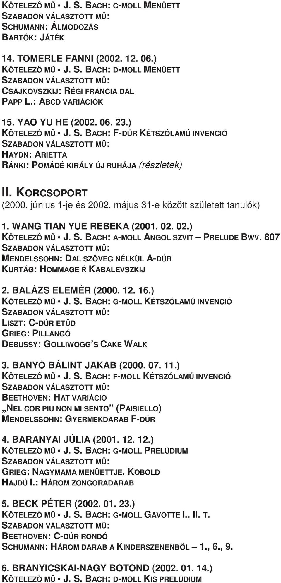 május 31-e között született tanulók) 1. WANG TIAN YUE REBEKA (2001. 02. 02.) KÖTELEZÔ MŐ J. S. BACH: A-MOLL ANGOL SZVIT PRELUDE BWV.