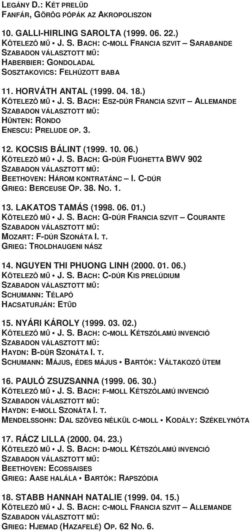 C-DÚR GRIEG: BERCEUSE OP. 38. NO. 1. 13. LAKATOS TAMÁS (1998. 06. 01.) KÖTELEZÔ MŐ J. S. BACH: G-DÚR FRANCIA SZVIT COURANTE MOZART: F-DÚR SZONÁTA I. T. GRIEG: TROLDHAUGENI NÁSZ 14.