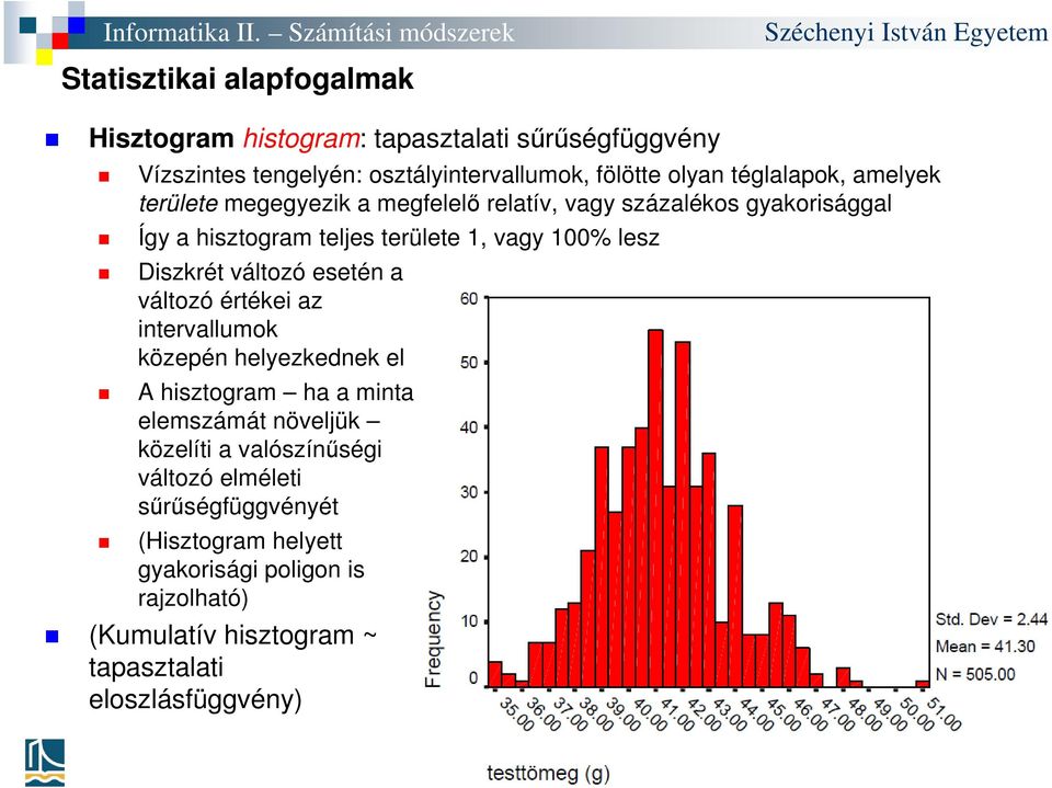 Diszkrét változó esetén a változó értékei az intervallumok közepén helyezkednek el A hisztogram ha a minta elemszámát növeljük közelíti a