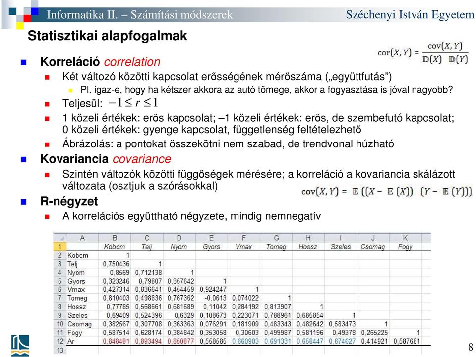 Teljesül: 1 r 1 1 közeli értékek: erős kapcsolat; 1 közeli értékek: erős, de szembefutó kapcsolat; 0 közeli értékek: gyenge kapcsolat, függetlenség