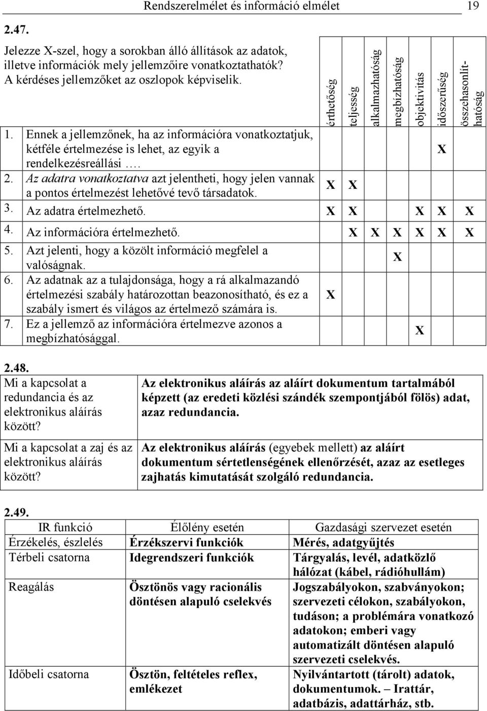 Az adatra vonatkoztatva azt jelentheti, hogy jelen vannak a pontos értelmezést lehetıvé tevı társadatok. 3. Az adatra értelmezhetı. 4. Az információra értelmezhetı. 5.