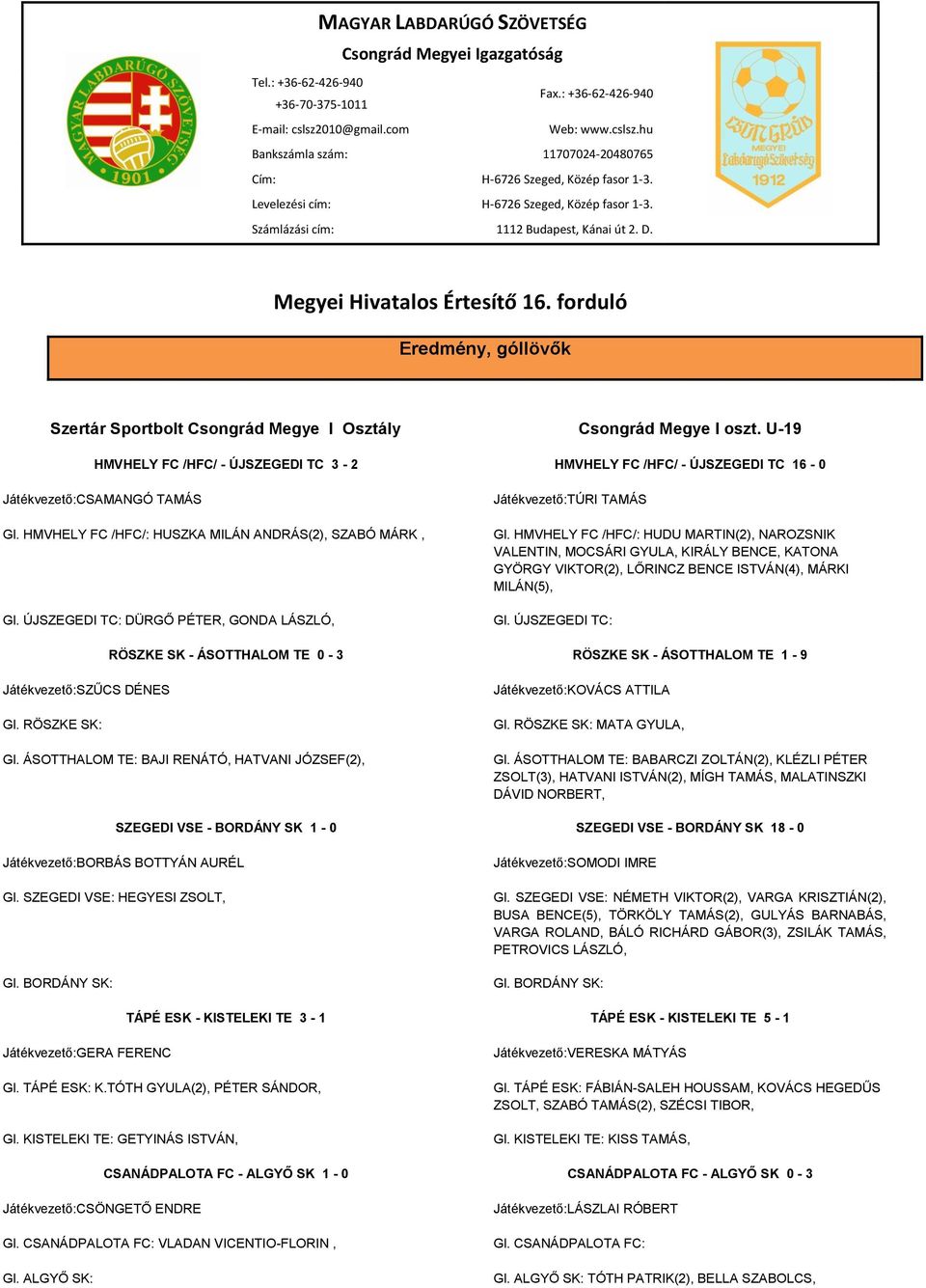 Megyei Hivatalos Értesítő 16. forduló Eredmény, góllövők Szertár Sportbolt Csongrád Megye I Osztály Csongrád Megye I oszt.