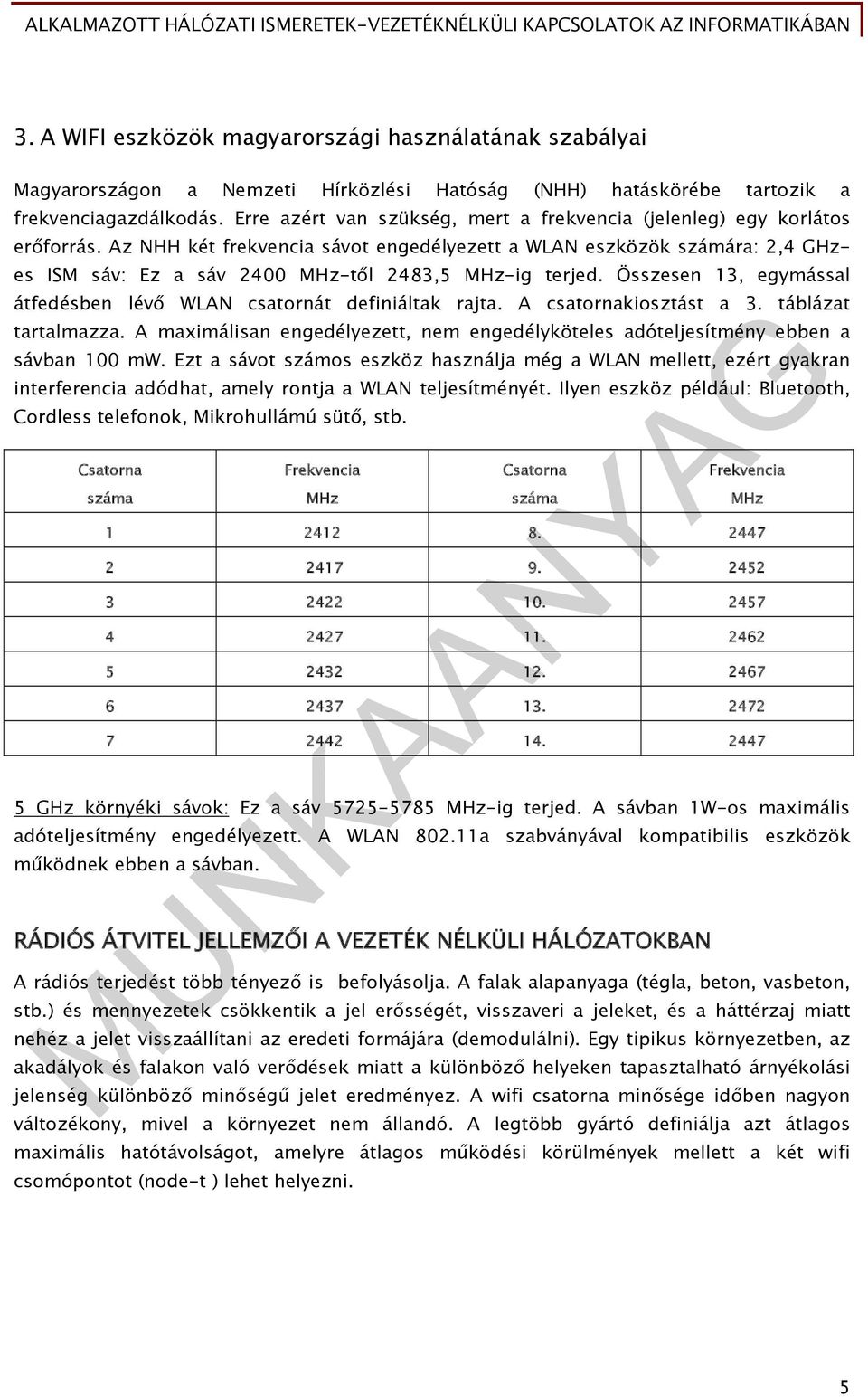 Az NHH két frekvencia sávot engedélyezett a WLAN eszközök számára: 2,4 GHzes ISM sáv: Ez a sáv 2400 MHz-től 2483,5 MHz-ig terjed.