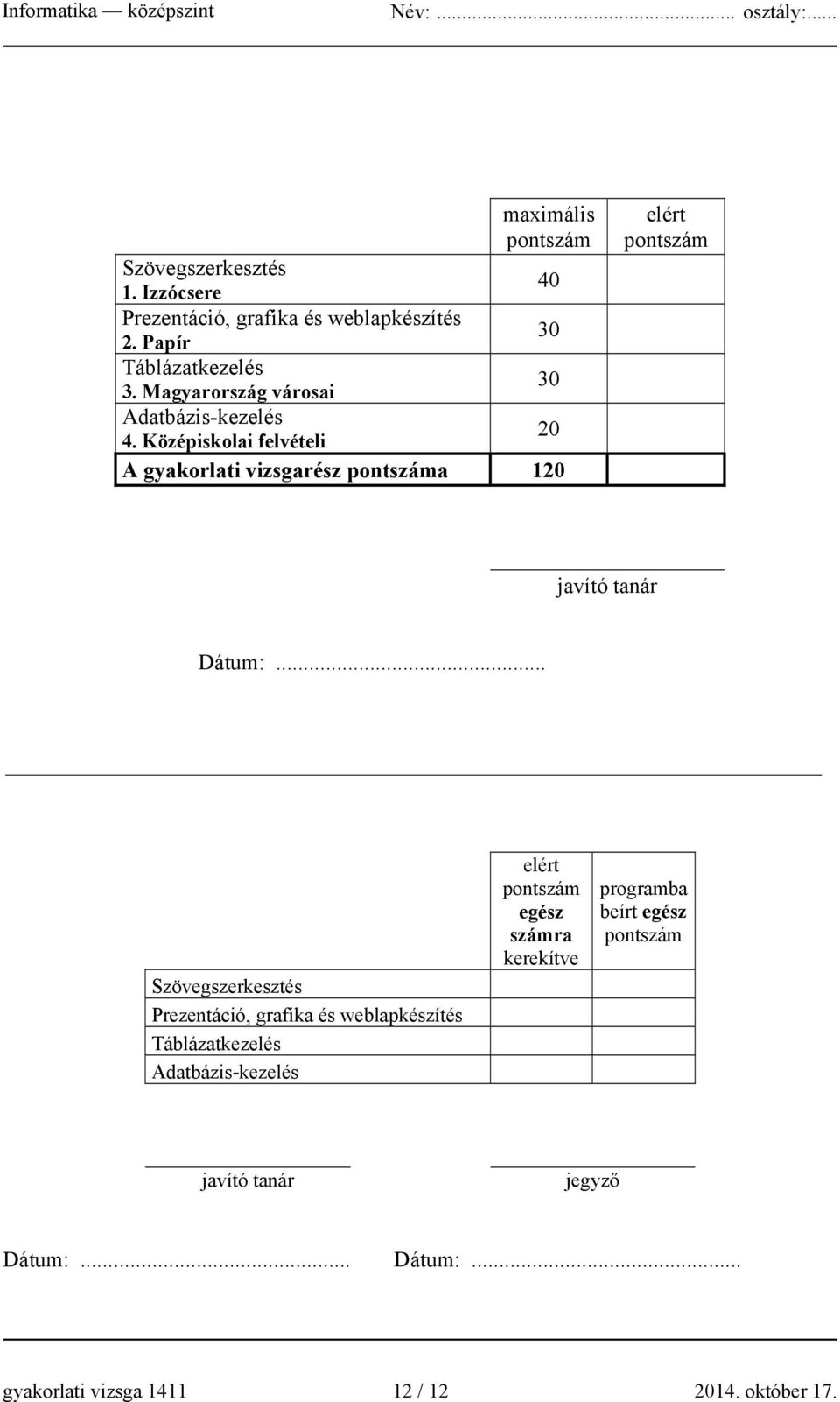 Középiskolai felvételi 20 A gyakorlati vizsgarész pontszáma 120 elért pontszám javító tanár Dátum:.