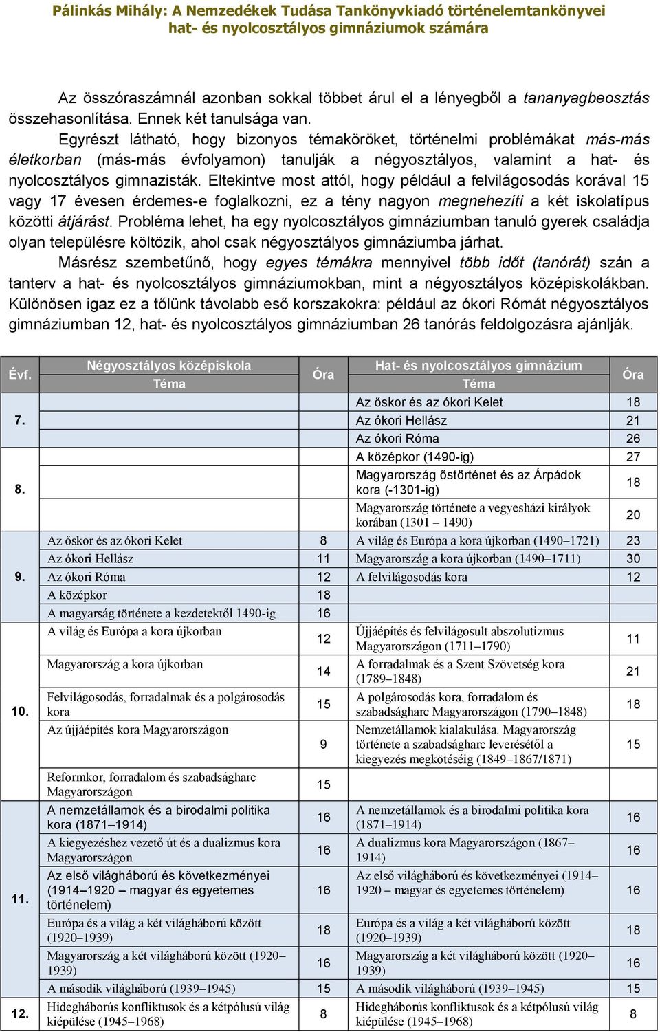 Eltekintve most attól, hogy például a felvilágosodás korával 15 vagy 17 évesen érdemes-e foglalkozni, ez a tény nagyon megnehezíti a két iskolatípus közötti átjárást.