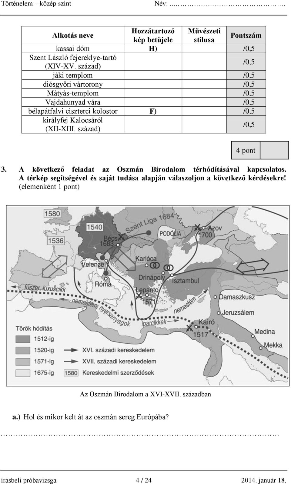 Kalocsáról (XII-XIII. század) /0,5 4 pont 3. A következő feladat az Oszmán Birodalom térhódításával kapcsolatos.