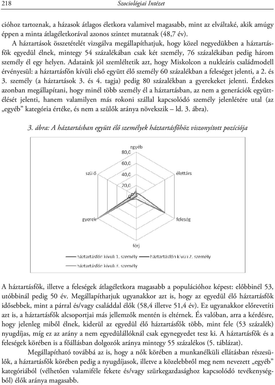 Adataink jól szemléltetik azt, hogy Miskolcon a nukleáris családmodell érvényesül: a háztartásfőn kívüli első együtt élő személy 60 százalékban a feleséget jelenti, a 2. és 3.