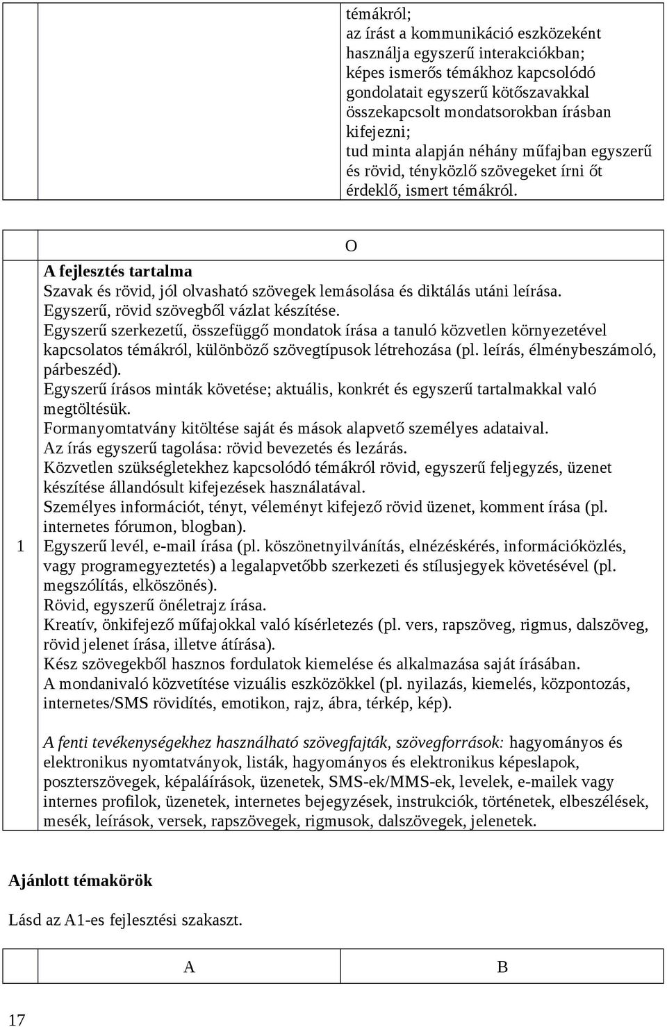 1 O A fejlesztés tartalma Szavak és rövid, jól olvasható szövegek lemásolása és diktálás utáni leírása. Egyszerű, rövid szövegből vázlat készítése.