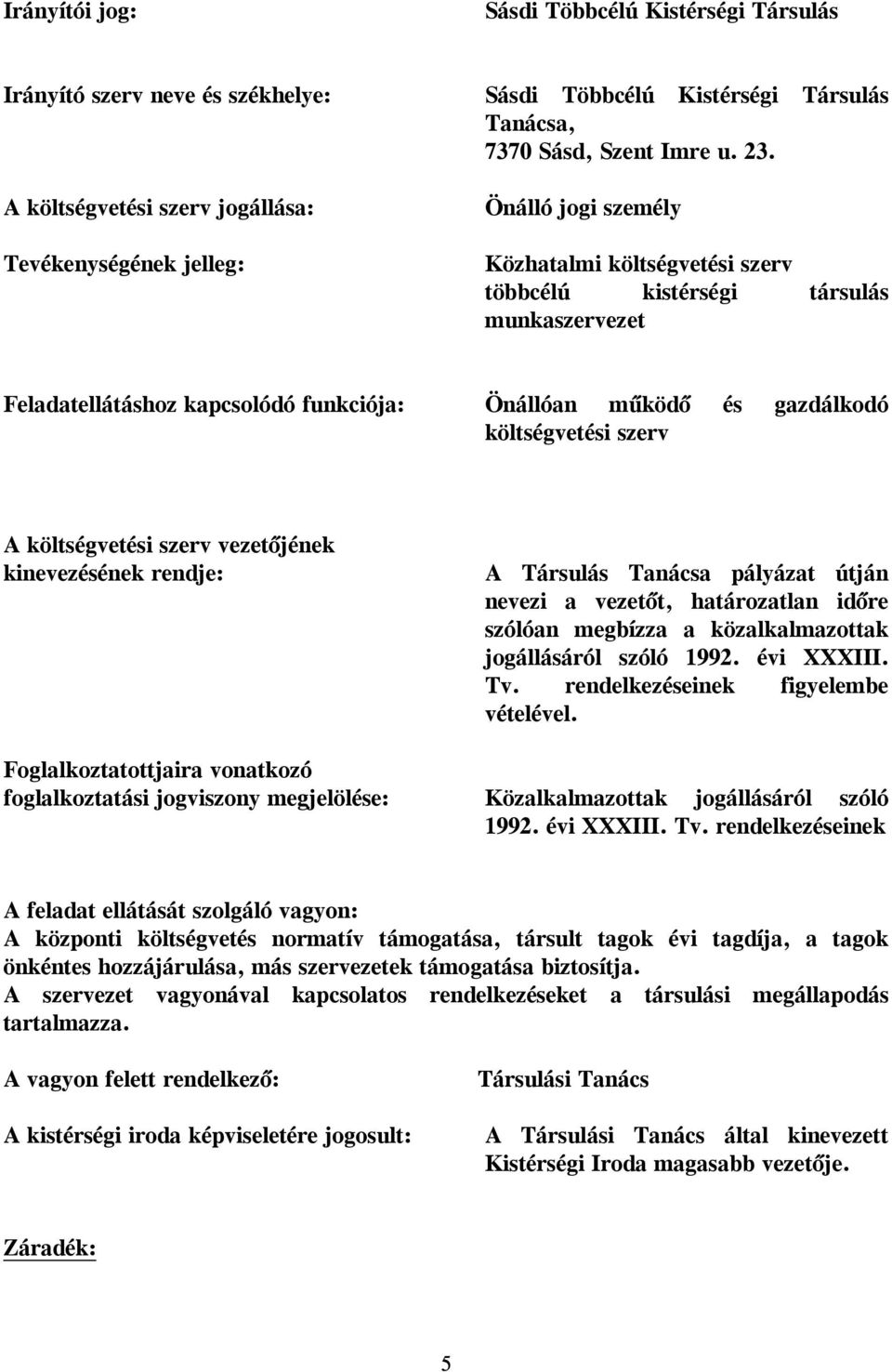 Önálló jogi személy Közhatalmi költségvetési szerv többcélú kistérségi társulás munkaszervezet Feladatellátáshoz kapcsolódó funkciója: Önállóan működő és gazdálkodó költségvetési szerv A