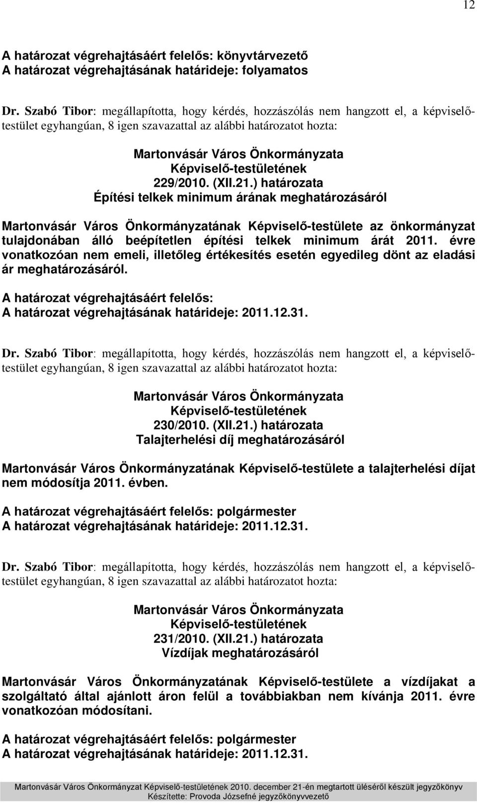évre vonatkozóan nem emeli, illetőleg értékesítés esetén egyedileg dönt az eladási ár meghatározásáról. A határozat végrehajtásáért felelős: A határozat végrehajtásának határideje: 2011.12.31.