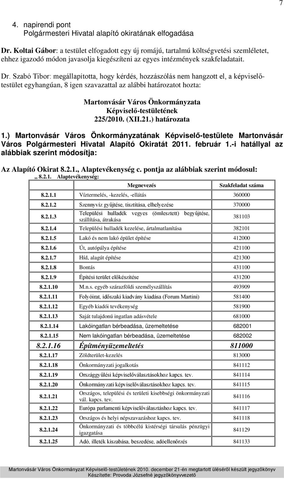 egyhangúan, 8 igen szavazattal az alábbi határozatot hozta: 225/2010. (XII.21.) határozata 1.