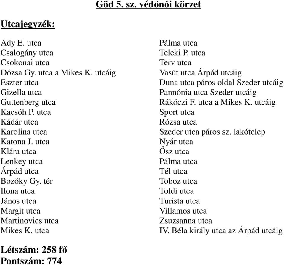 utca Pálma utca Teleki P. utca Terv utca Vasút utca Árpád utcáig Duna utca páros oldal Szeder utcáig Pannónia utca Szeder utcáig Rákóczi F. utca a Mikes K.