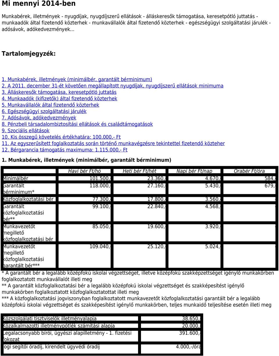 december 31-ét követően megállapított nyugdíjak, nyugdíjszerű ellátások minimuma 3. Álláskeresők támogatása, keresetpótló juttatás 4. Munkaadók (kifizetők) által fizetendő közterhek 5.