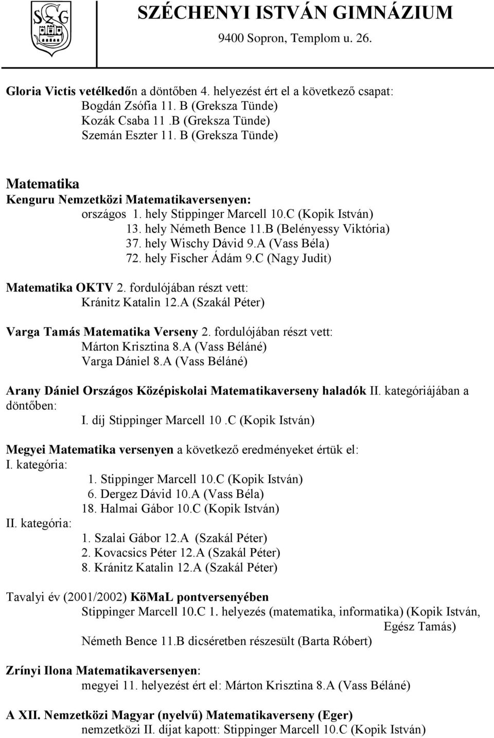 A (Vass Béla) 72. hely Fischer Ádám 9.C (Nagy Judit) Matematika OKTV 2. fordulójában részt vett: Kránitz Katalin 12.A (Szakál Péter) Varga Tamás Matematika Verseny 2.