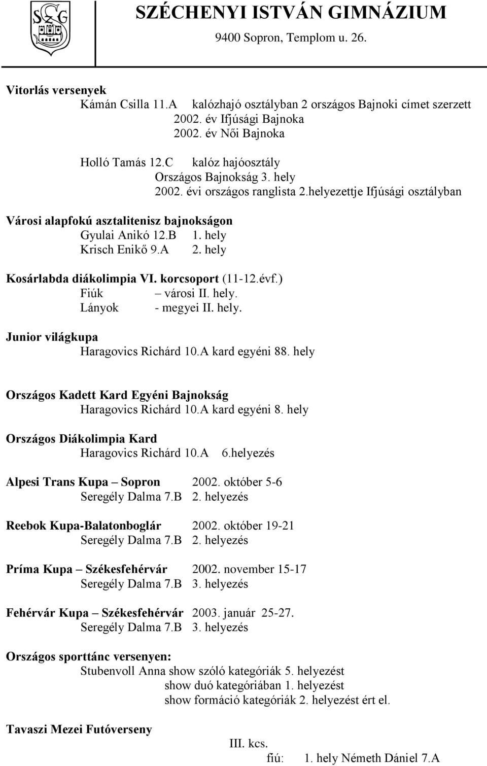 korcsoport (11-12.évf.) Fiúk városi II. hely. Lányok - megyei II. hely. Junior világkupa Haragovics Richárd 10.A kard egyéni 88. hely Országos Kadett Kard Egyéni Bajnokság Haragovics Richárd 10.