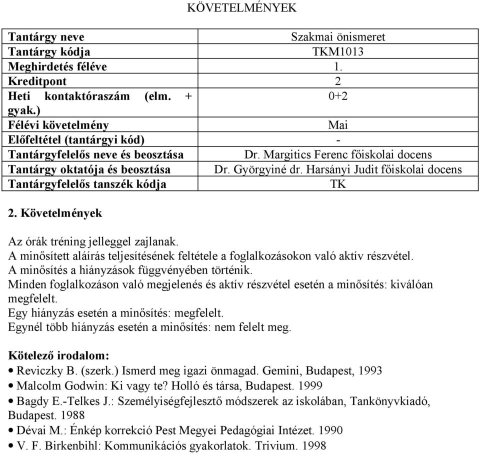 A minősítés a hiányzások függvényében történik. Minden foglalkozáson való megjelenés és aktív részvétel esetén a minősítés: kiválóan megfelelt. Egy hiányzás esetén a minősítés: megfelelt.