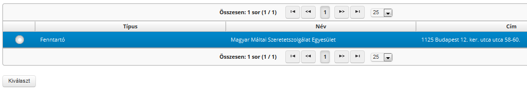 1.5.4. Szervezet kiválasztása A szervezet kiválasztásához kattintson a Kiválaszt gombra.