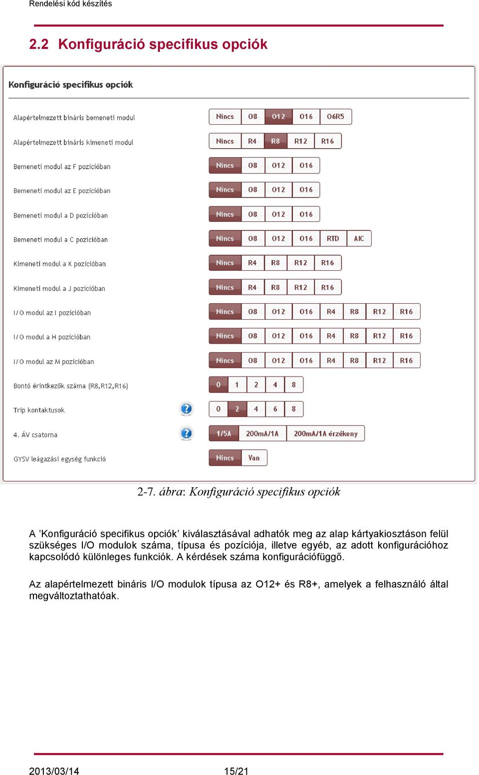 kártyakiosztáson felül szükséges I/O modulok száma, típusa és pozíciója, illetve egyéb, az adott konfigurációhoz