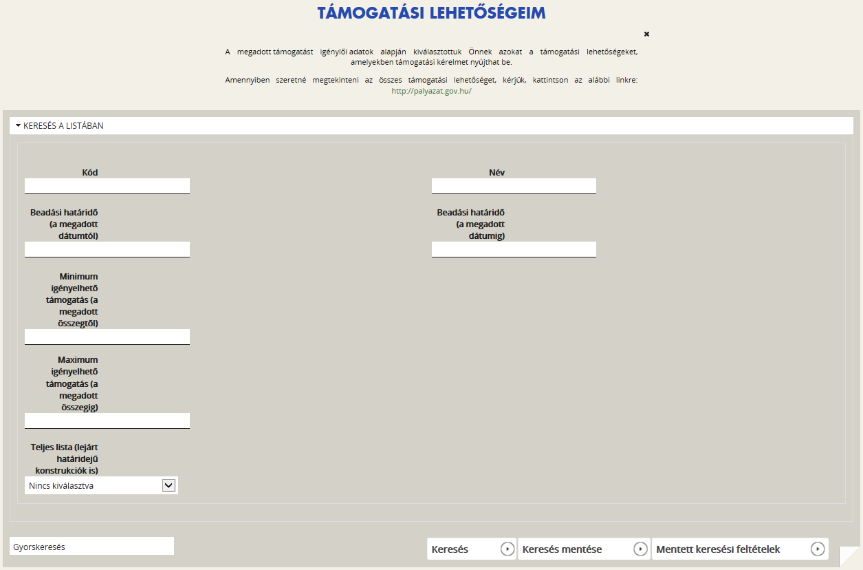 4. Új Támogatási kérelem kitöltésének indítása A kiválasztott kiírás kék