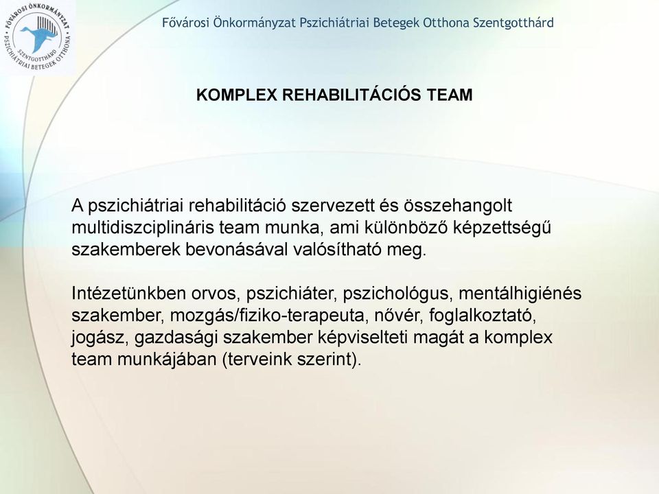 Intézetünkben orvos, pszichiáter, pszichológus, mentálhigiénés szakember, mozgás/fiziko-terapeuta,