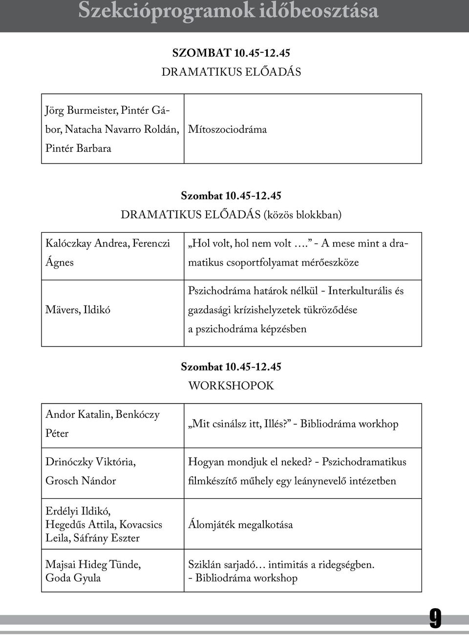 45 Workshopok Andor Katalin, Benkóczy Péter Drinóczky Viktória, Grosch Nándor Erdélyi Ildikó, Hegedűs Attila, Kovacsics Leila, Sáfrány Eszter Majsai Hideg Tünde, Goda Gyula Mit csinálsz itt, Illés?