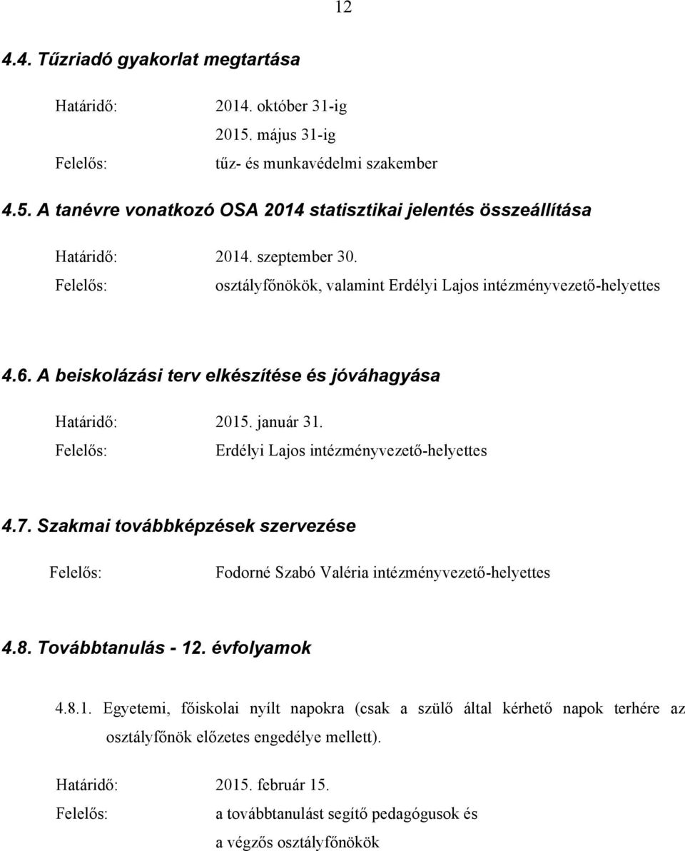 Erdélyi Lajos intézményvezető-helyettes 4.7. Szakmai továbbképzések szervezése Fodorné Szabó Valéria intézményvezető-helyettes 4.8. Továbbtanulás - 12