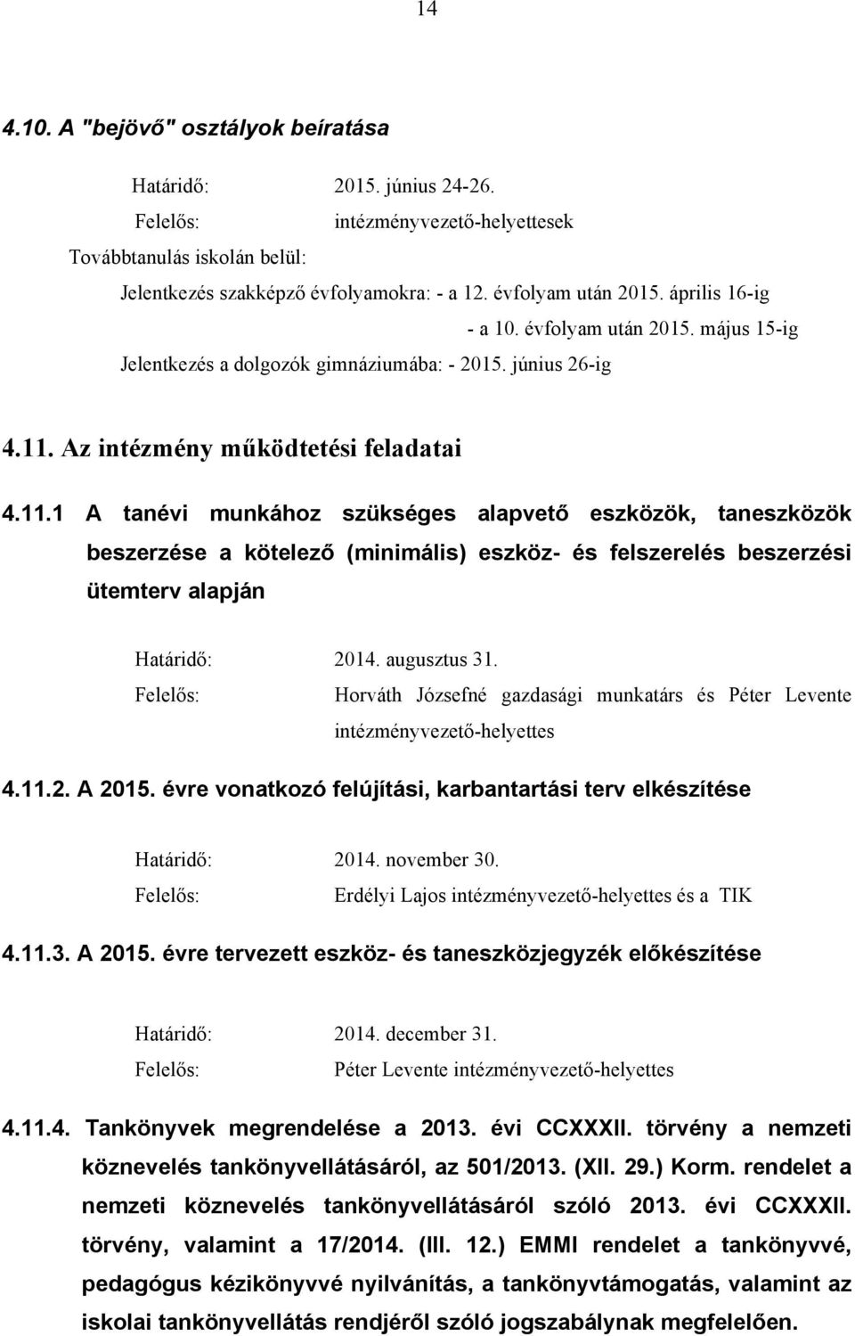 Az intézmény működtetési feladatai 4.11.