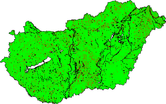 31. ábra: A tervezési elemekkel korrigált modell és a 2012-es Corine térkép közötti eltérések A puha előrejelzés eredményeinek összevetése a 2006-2012 közötti valós változásokkal Az előrejelzett és a